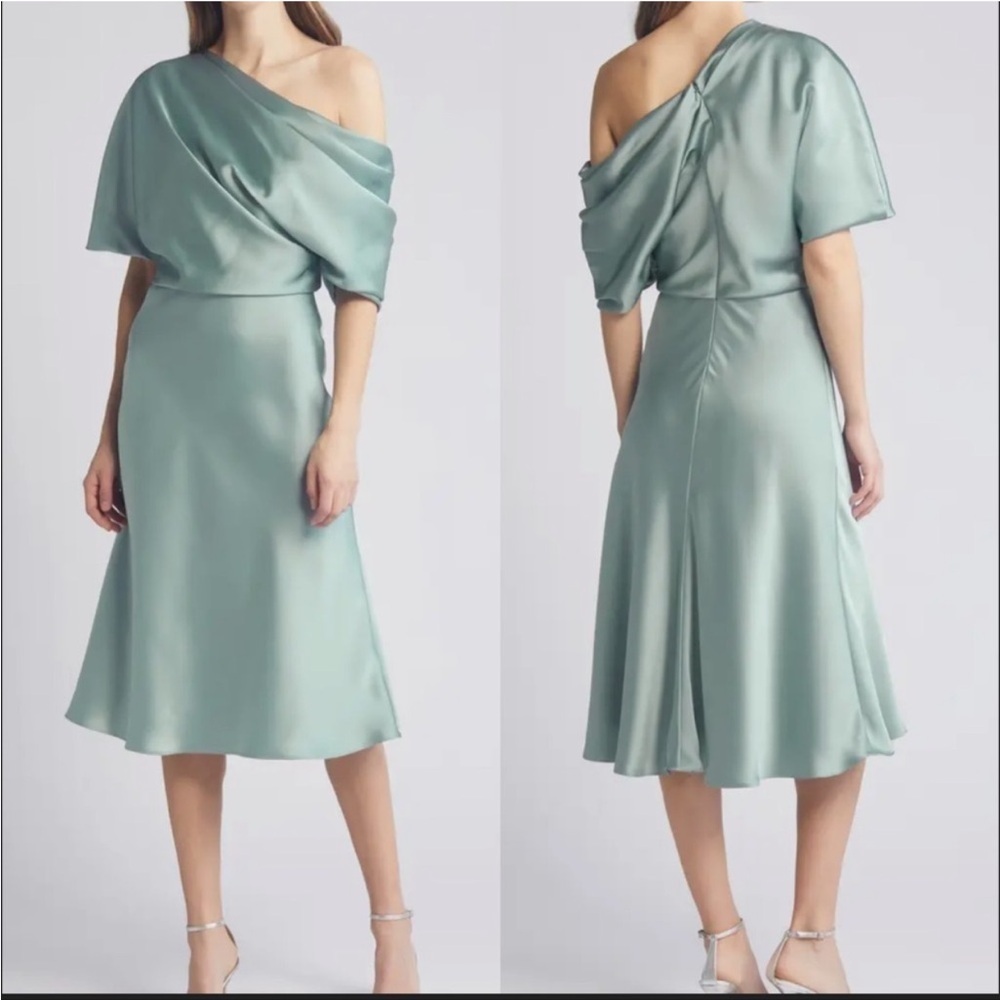 Amsale The‎ Slouch One Shoulder Satin Midi Dress Jade Green 4